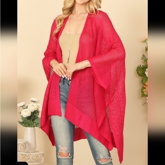 Vibrant Pink Open Knit Cardigan Layering Light Sweater NEW - Mesh Kimono Crochet - Picture 3 of 7